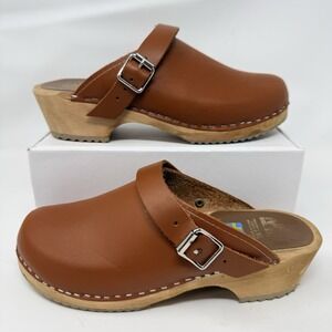 MIA Swedish Alma Clogs Size EU 38 US 7.5 Brown Leather Wooden Made In Sweden